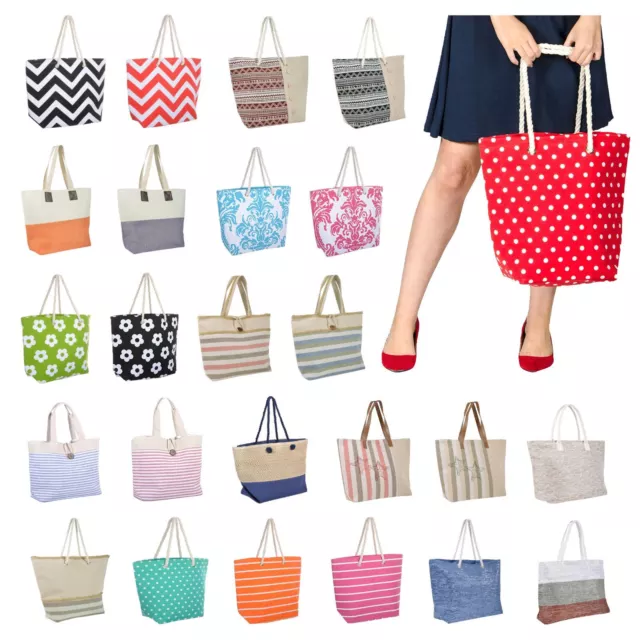 Ladies Tote Canvas Bag Shoulder Straw Summer Beach Holiday Shopping Handbag