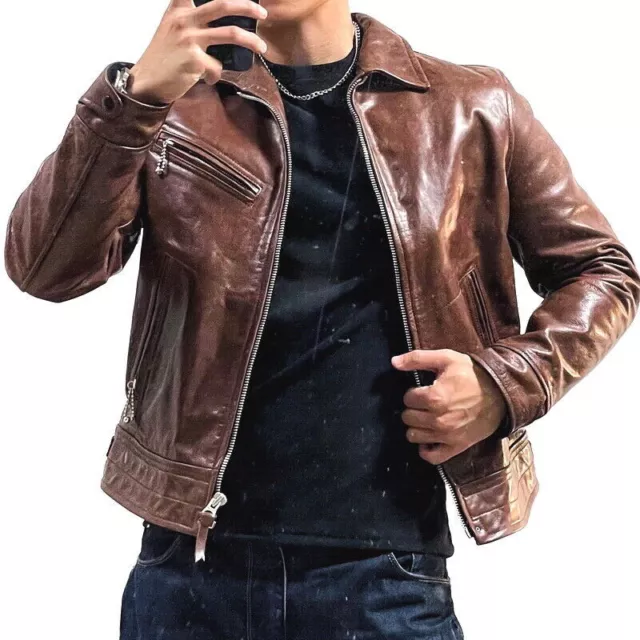 MENS COW LEATHER Jacket Casual Retro tanned Cowhide Rider Motorcycle ...