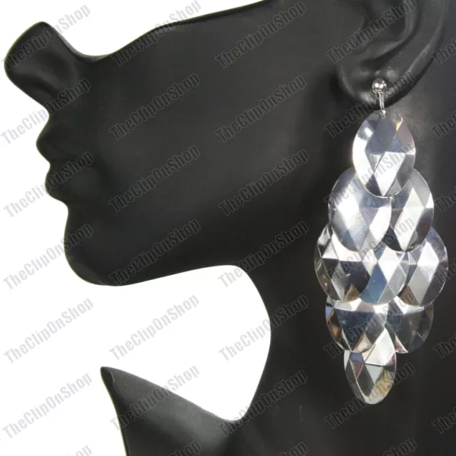 CLIP ON 4"long BIG CHANDELIER EARRINGS silver fashion FACETED DROPS clips