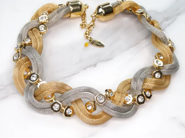 Jewels By Julio Signed 50S Vtg Braided Mesh Chain Rhinestone Big Choker Necklace
