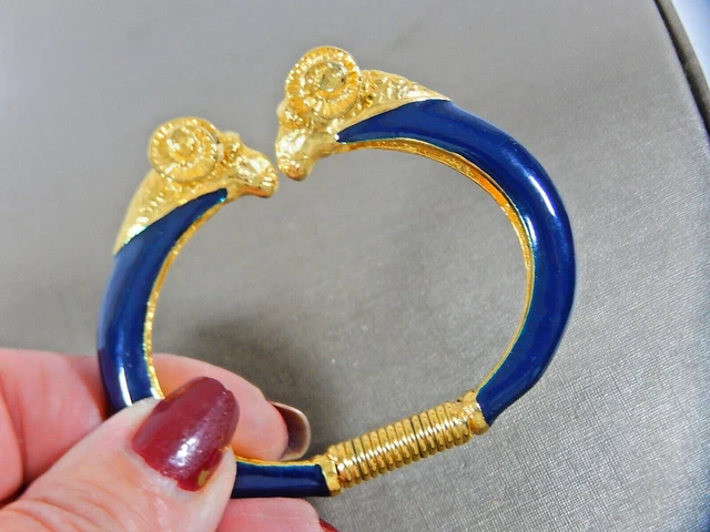 Vtg Donald Stannard Signed Double Rams Head Gold Tone Navy Enamel Bracelet Evc