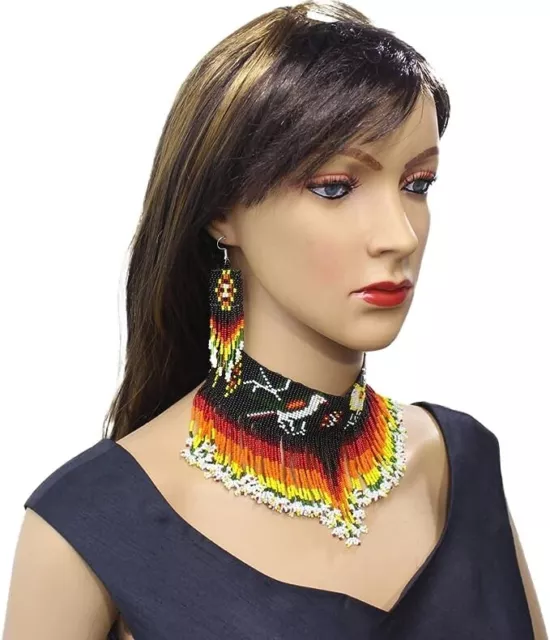 Huichol Indian Beaded Flower Necklace & Earrings Handmade Mexican Folk Art Boho