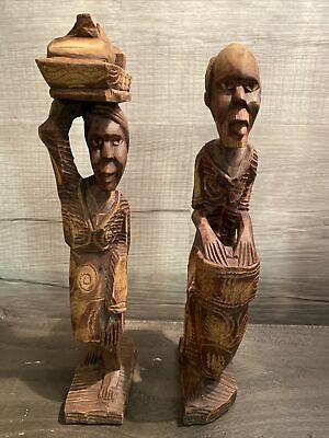 Vintage Hand Carved Wood Man & Woman African Tribal Folk Art Statues Figurines