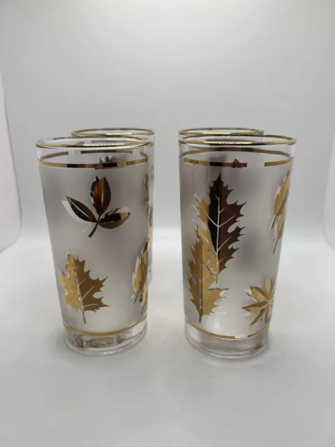 Vintage Libby Gold Leaf Golden Foliage Glasses Set of Four 12 ounce Frosted MCM