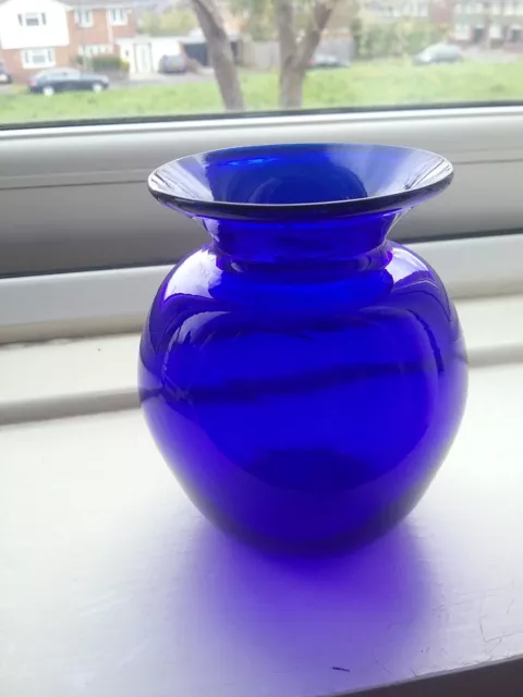 Bristol Blue Hand Blown Small Glass Vase Marked on Base