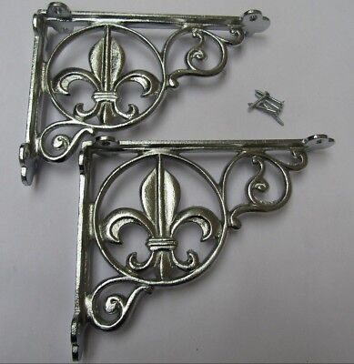 Pair of CHROME FLEUR DE LYS  cast iron shelf wall brackets vintage old style