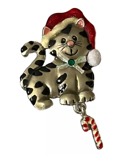 Vintage Christmas AJMC Kitty Cat Pin Santa Hat Candy Cane Enamel Brooch Holiday