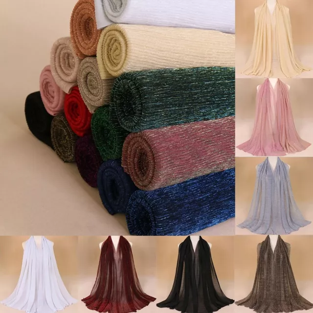 Women Glitter Scarf Pleated Shimmer new Long Crinkle Hijab Shawls Head Wraps HOT