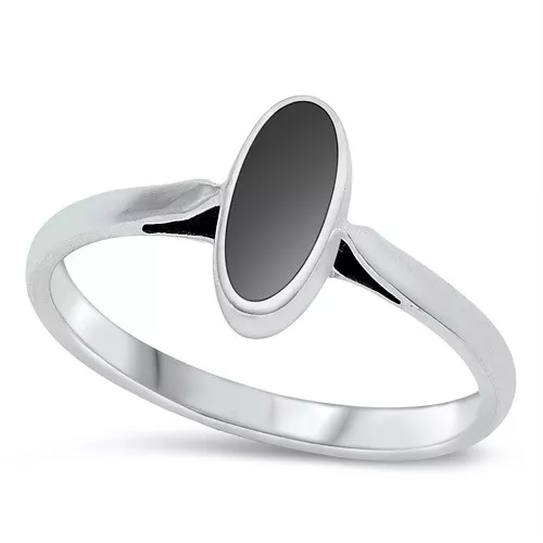 925 Sterling Silver Elongated Oval Black Onyx Fashion Ring Size 4 5 6 7 8 9 10