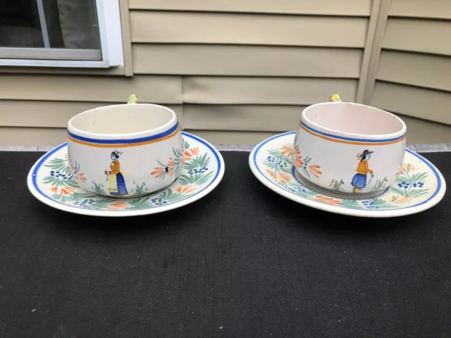 Pair of Antique Early 20th Century HENRIOT QUIMPER Cups & Saucers