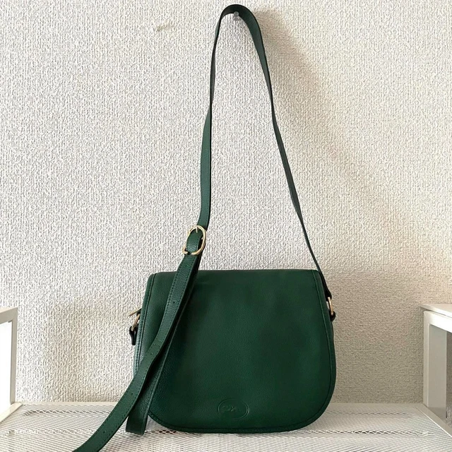 VINTAGE Auth Longchamp Green All Leather Shoulder Crossbody Bag Made in France