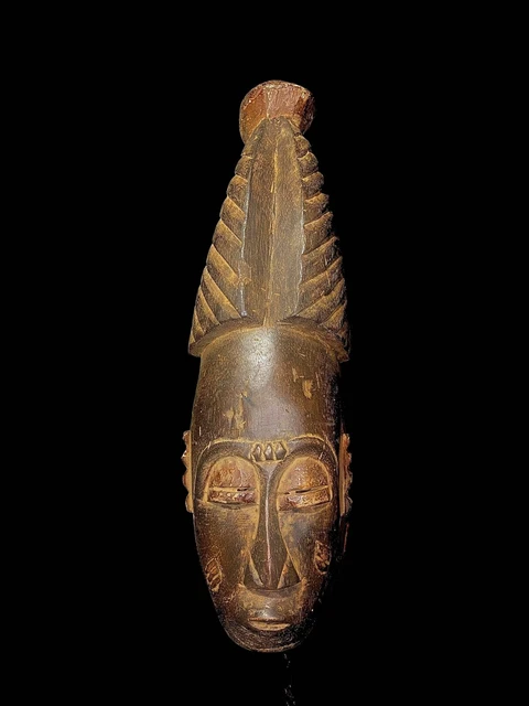 Vintage African wood carved tribal masks, antique Baule face hangings masks-5434