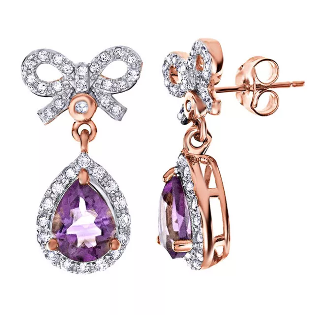 Drop Dangle Earrings With Simulated Amethyst & White Topaz 14k Rose Gold Plated