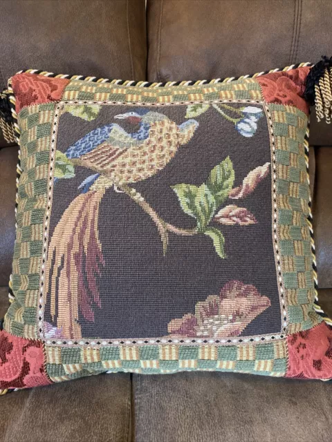 Neiman Marcus SWEET DREAMS Throw Pillow Green Brown Gold Bird Floral Retired