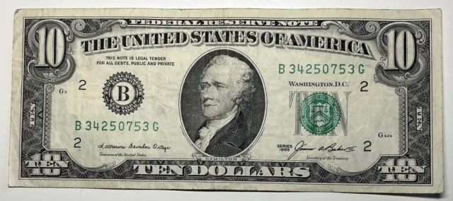 1985 $10 Ten Dollar Bill Federal Reserve Note  New York Vintage Old Currency