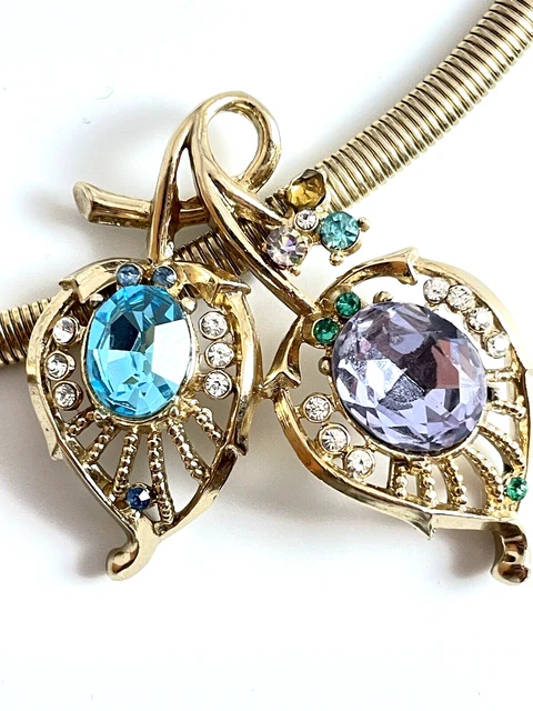 Vintage Pegasus Coro Des Pat Pend Amethyst, Blue Topaz rhinestone heart necklace