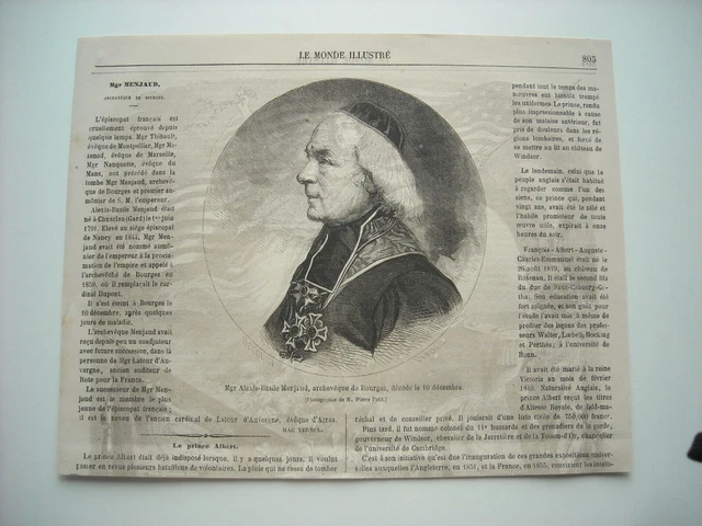 Gravure 1861. Mgr. Alexis-Basile Menjaud, Archeveque De Bourges. Avec Explicatif