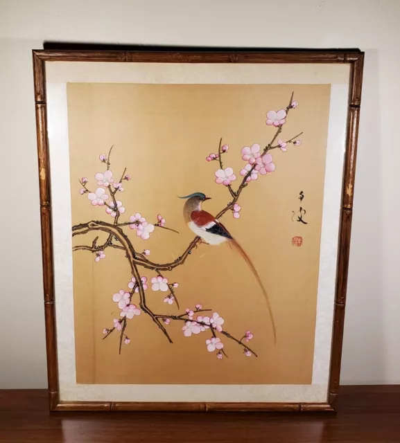 Vintage Chinese Painting On Silk Bird Perched on Branch Framed In Bamboo SIGNED