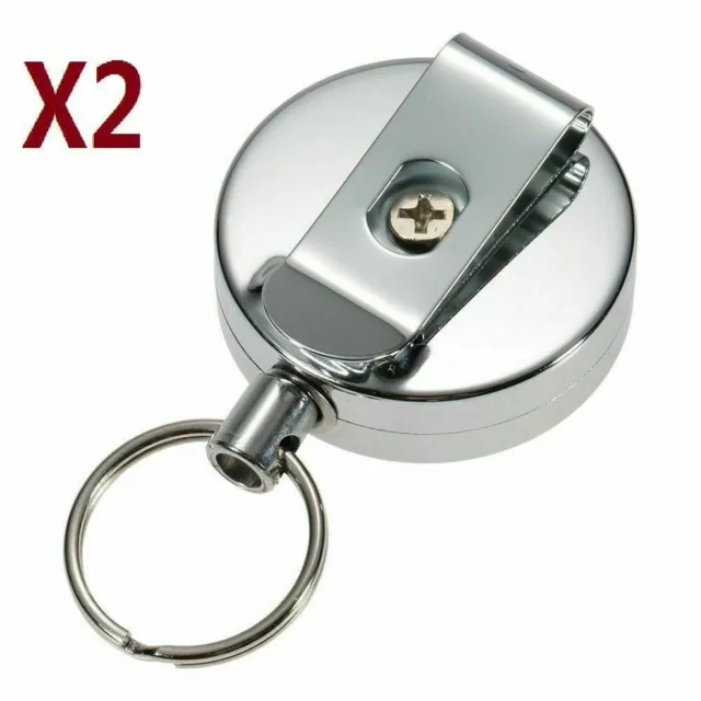 2X Stainless Silver Retractable Key Chain Recoil Keyring Heavy Duty Steel UK