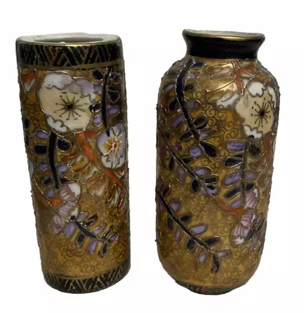 Vintage Japanese Satsuma Small Pair Rustic Floral Vases Hand Painted Ceramic 4"