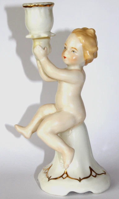 Figürlicher Porzellan Kerzenhalter Kerzenständer - Putte Putti Putto - 15,9 cm
