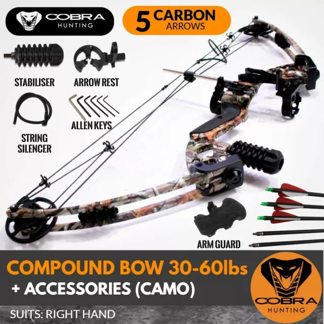 Compound Bow Cobra Hunting 30 to 60lbs pounds Arrow Archery CAMO Right Hand