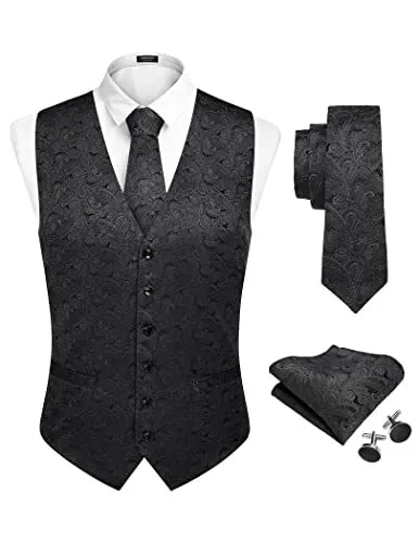 Men's Paisley Vest Tie Set Formal 4PC Suit Vest Floral Waistcoat Necktie
