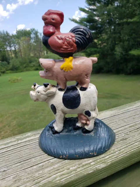Cast Iron Painted Farm Animals Doorstop  Cow Pig & Rooster Vintage