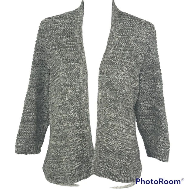 EILEEN FISHER Twist Knit Cardigan Sweater Cotton Blend Open Front Gray Size L