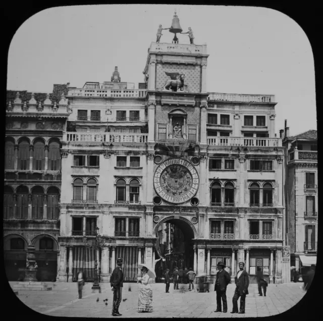 RARE Magic Lantern Slide CLOCK TOWER GRAND PIAZZA VENICE C1890 PHOTO .. VENEZIA