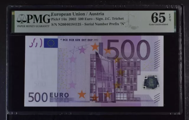 GEM UNC 500 Euro Austria European 2002 Trichet P-14n F005 PMG 65 EPQ Currency