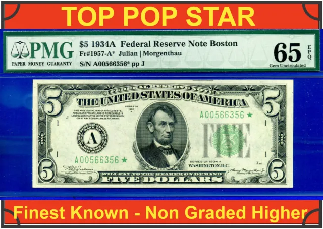 1934A $5 Federal Reserve Note PMG 65EPQ TOP POP highest graded Boston star
