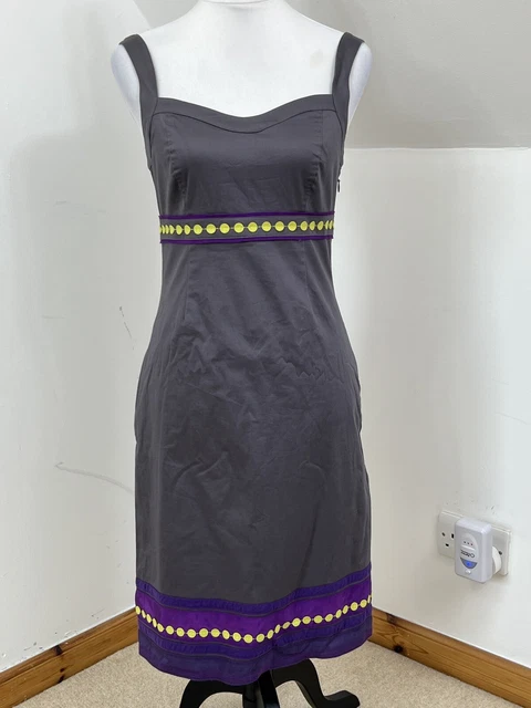 Boden Cotton Flint Grey Shift Dress Purple Stripe Strappy Size 8 Smart Casual