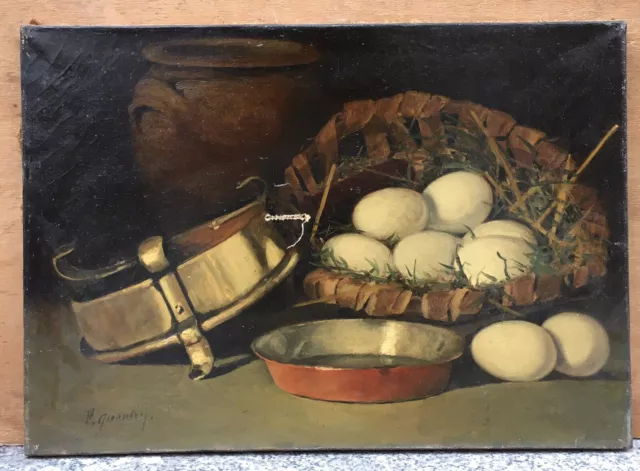 Tableau Ancien Huile Nature Morte Œufs Bouilloire Pot Signé XIXe A Restaurer