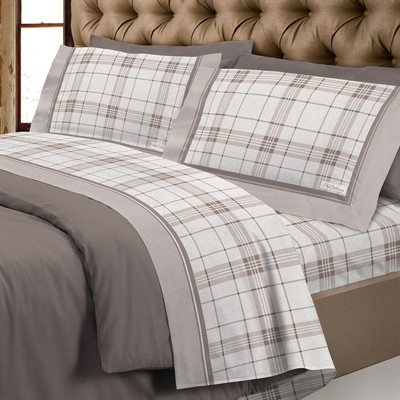 set completo lenzuola FLANELLA di puro cotone matrimoniali/singole/piazza e mezza stampa quadrettata scozzese beige, piazza e mezza 
