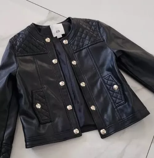 River Island Girls Age 9/10 Yrs Black Faux Leather Jacket Trendy Spring