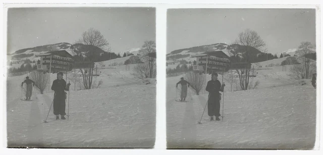 Couple Ski Montagne c1950 Photo Stereo Amateur Plaque de verre Vintage V36L25n