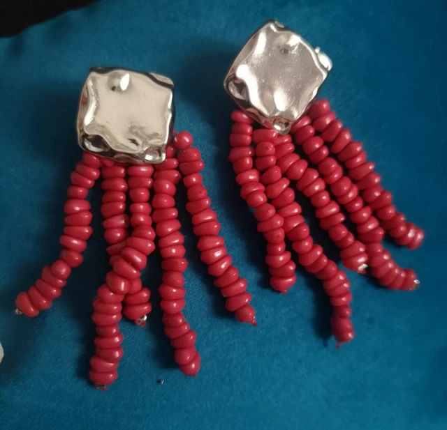 Earrings Coral Reef Sea Theme Red beaded Square Gold Topshop Jewellery Holiday