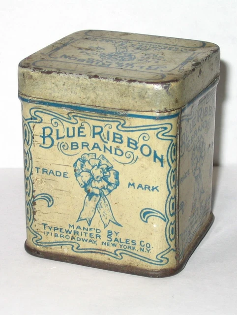 Blue Ribbon Brand Typewriter Ribbon Tin NY EARLY RARE SQUARE Upright Tin EARLY