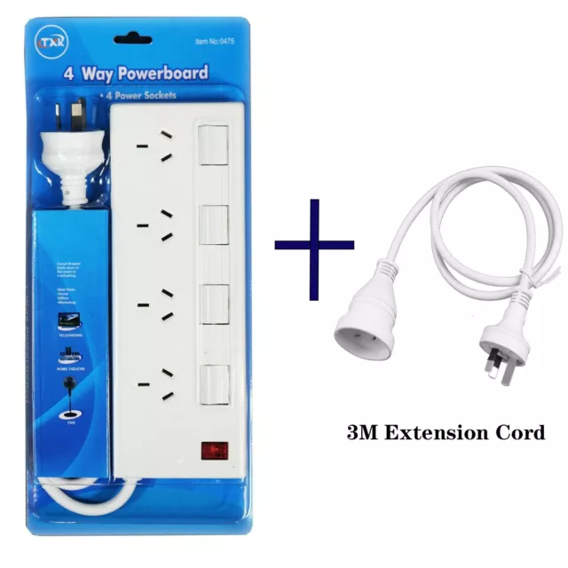 4 Outlet Power Board Overload Protection+3/5/7/10M Extension Cord