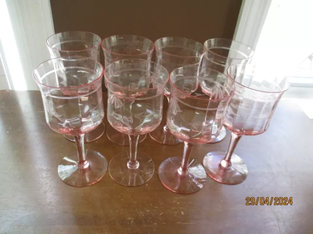 8 - Tiffin Franciscan 14188 Pink Etched Cut Optic Water Glasses Goblets 7"