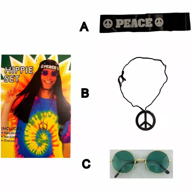 Hippie Set Kit Peace Headband Necklace Pendant Glasses 60S 70S Party Dress Up