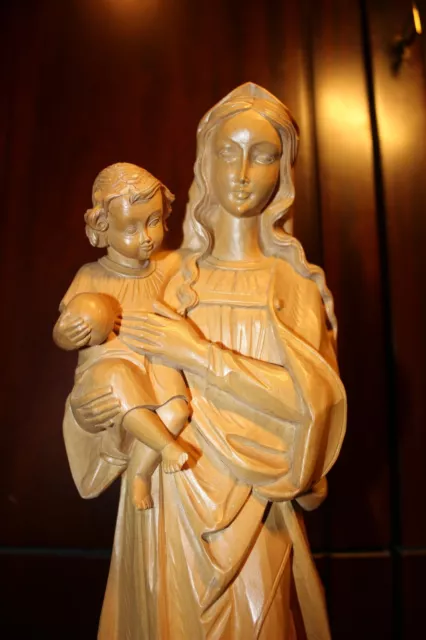 Vtg 15" Wood Hand Carved Our Lady Virgin Mary Madonna Jesus Christ Statue Figure
