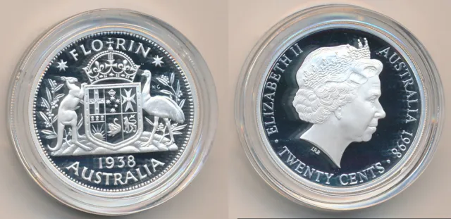 Australia: 1998/1938 new rev florin 20c Pure Silver Masterpiece in silver