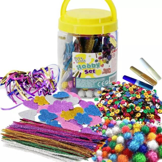Kids Art & Craft Jar Mega Art Set Beads Pom Poms Paper Foam Glitter Hearts Glue