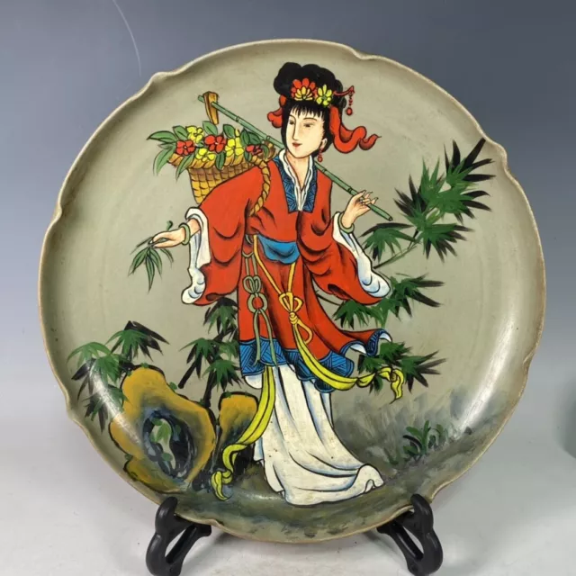 12.2" old antique song dynasty ru kiln porcelain green glaze beauty figure plate