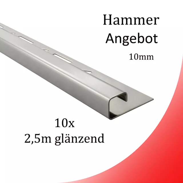 10x Quadrat Edelstahlschiene Fliesenprofil Fliesenschiene L250cm 10mm glänzend