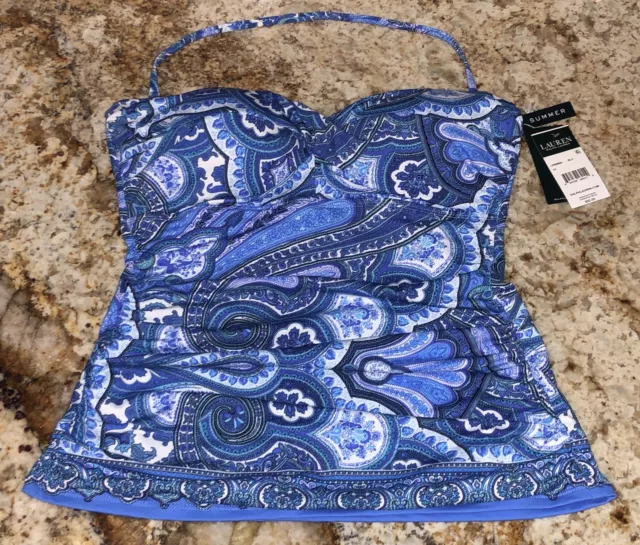 RALPH LAUREN Aegean Paisley Blue Twist Tubini Tankini Swim Top NEW Womens Sz 10