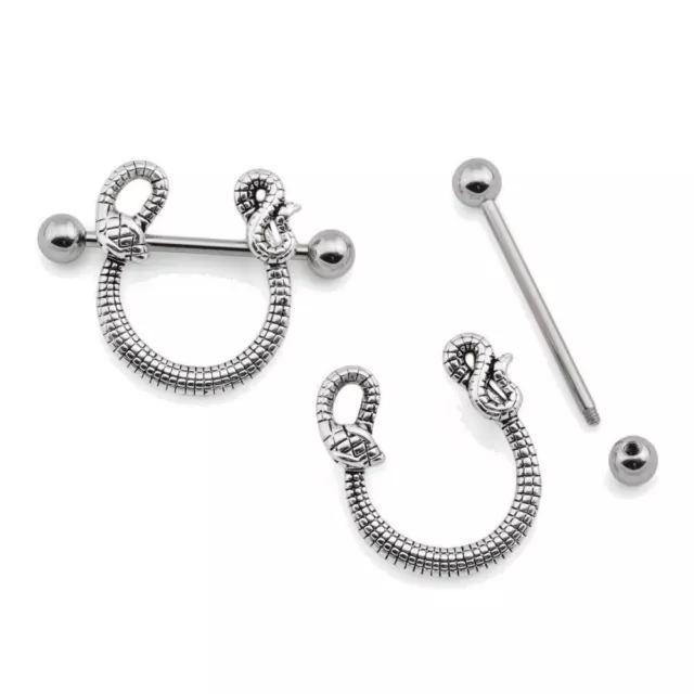 Pair 14G Surgical Steel Snake Python Nipple Shields Ring Barbells Nipplerings