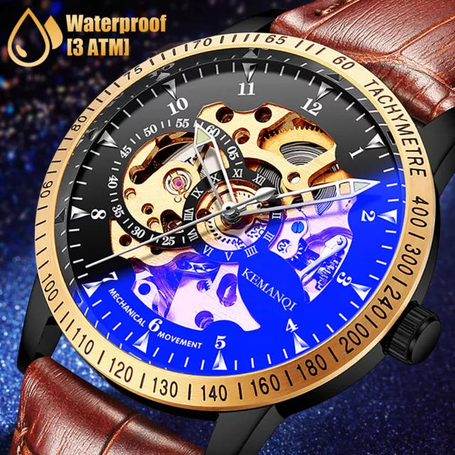 Men's Luxury Gold Tone Stainless Steel Skeleton Automatic Mechanical Wrist Watch